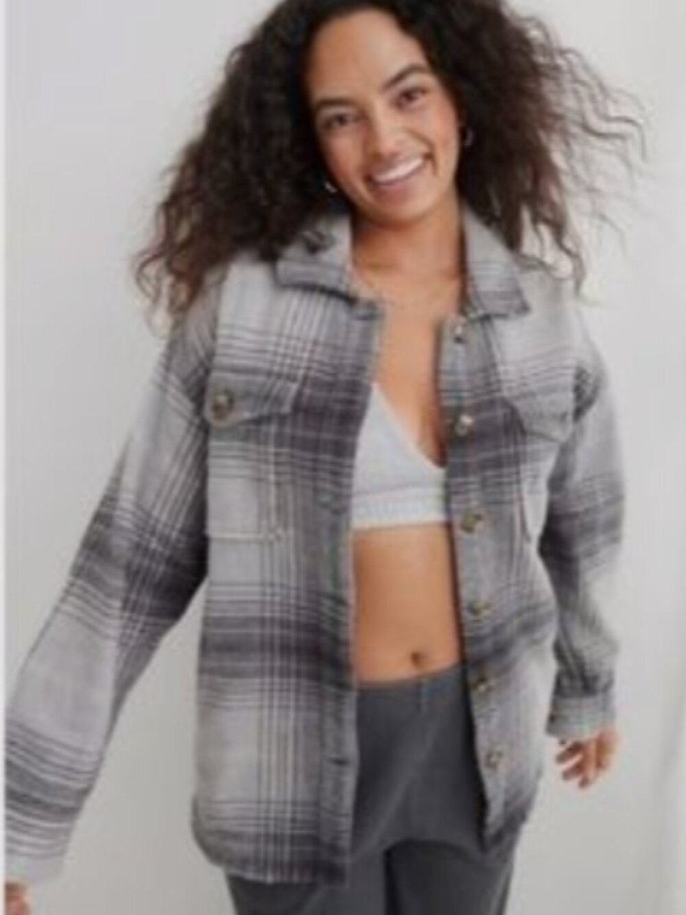 Aerie Lumber Jane Grey Plaid Jacket Shacket Sz XXL Button Front Pockets Thick